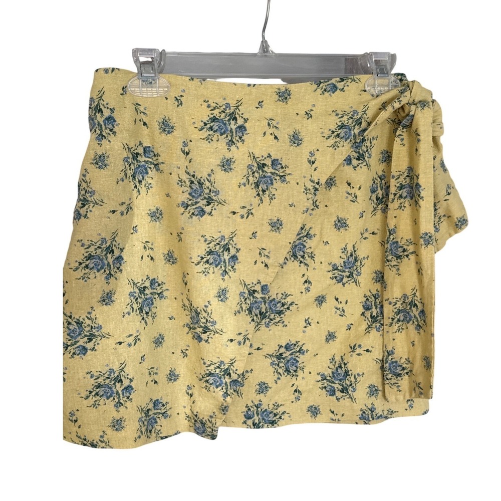 Maison d'Amelie Parisian Floral Faux Wrap Linen Mini Skirt yellow Blue size XS